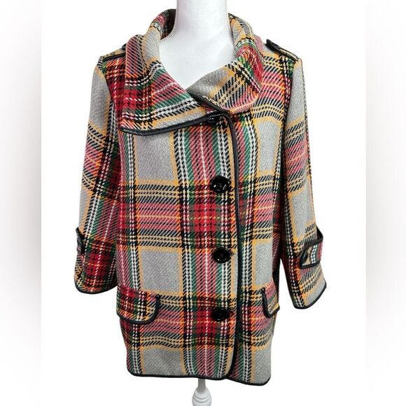 For Cynthia Womens Faux Leather Trim Button Tartan Plaid Jacket Sz XL - Picture 1 of 11